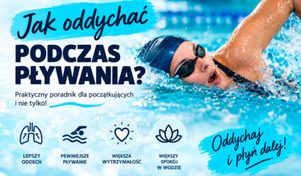 Pływak oddychający podczas kraula na basenie. Na grafice widnieje hasło: „Jak oddychać podczas pływania? Praktyczny poradnik dla początkujących i nie tylko