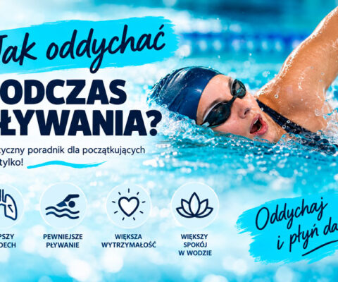 Pływak oddychający podczas kraula na basenie. Na grafice widnieje hasło: „Jak oddychać podczas pływania? Praktyczny poradnik dla początkujących i nie tylko